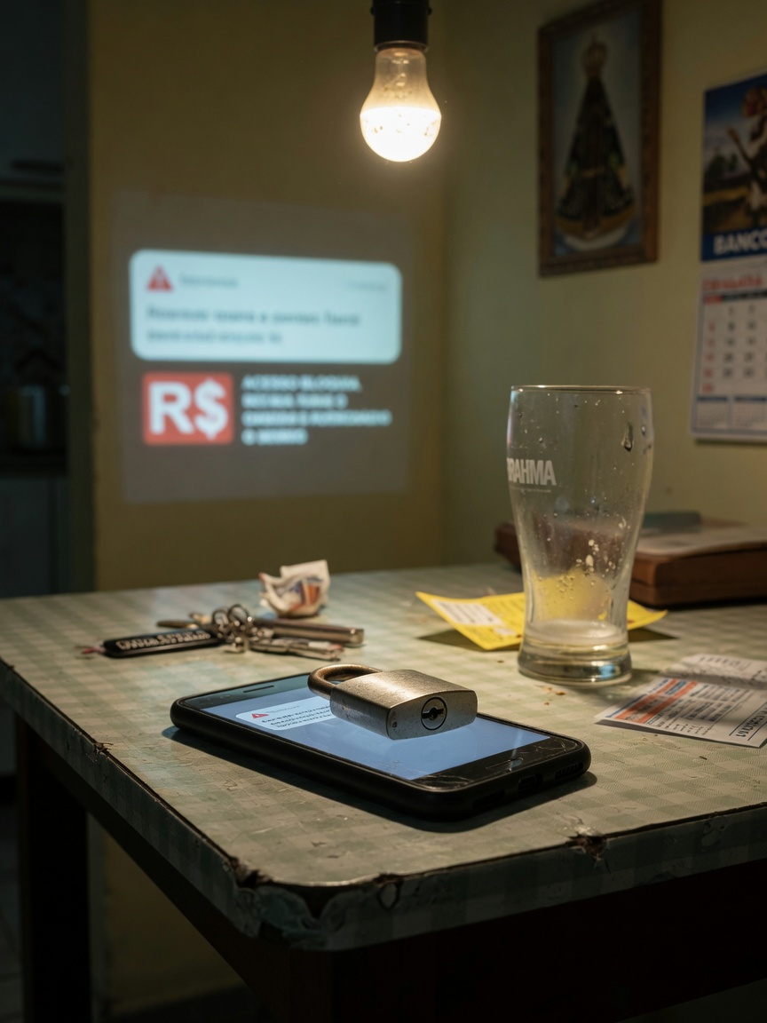 Celular com cadeado em cima, mesa de casa à noite