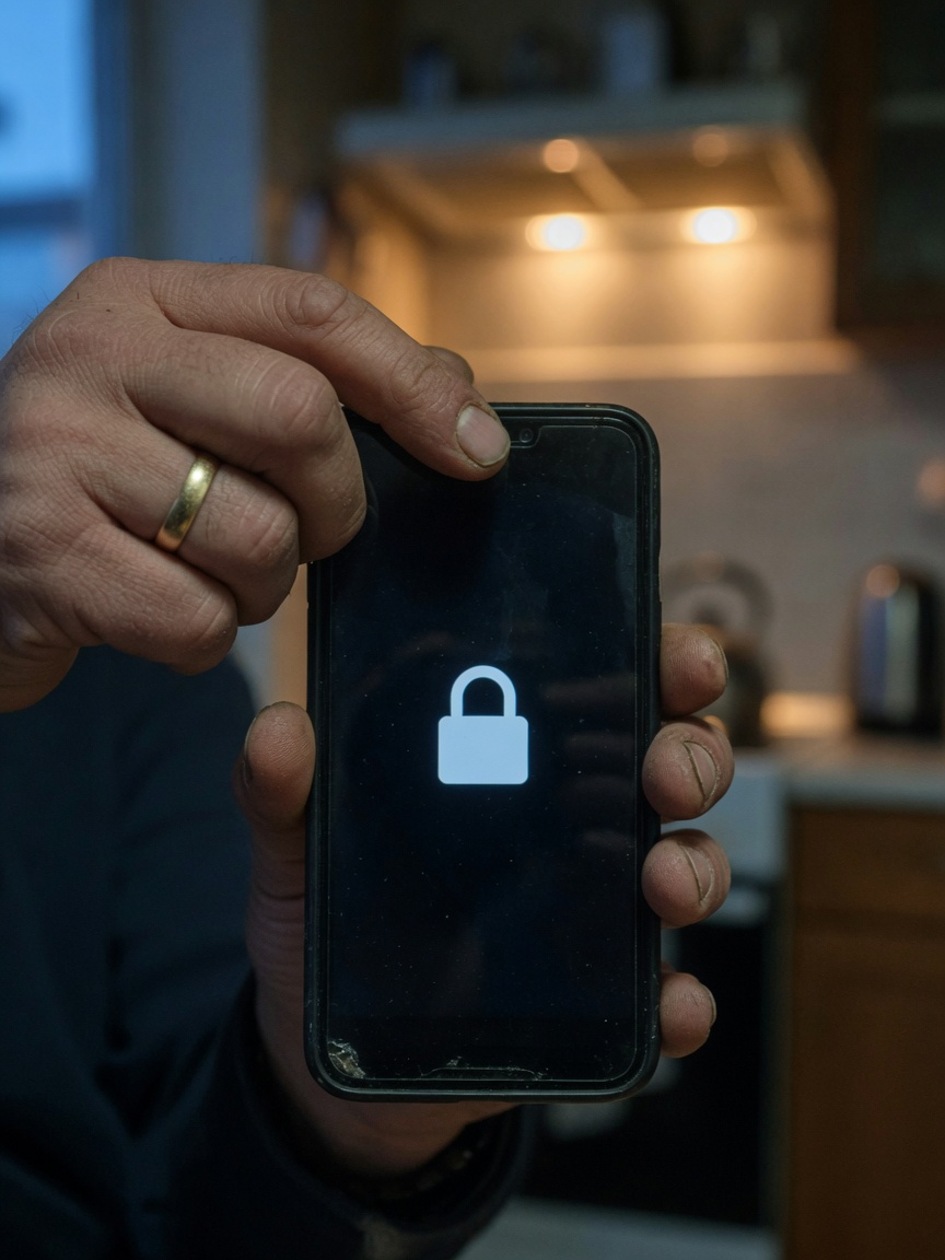 Mão de homem com aliança segurando celular bloqueado